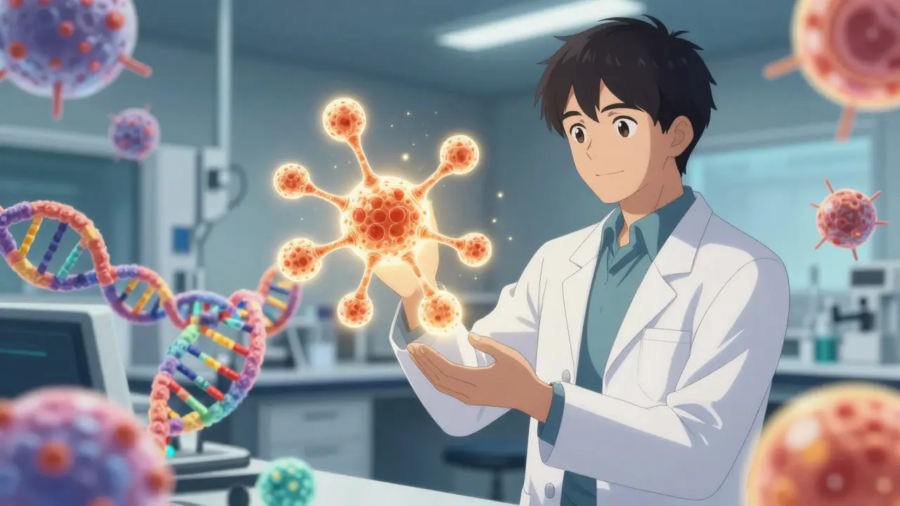 Anime-style scientist holding a glowing, targeted lipid nanoparticle