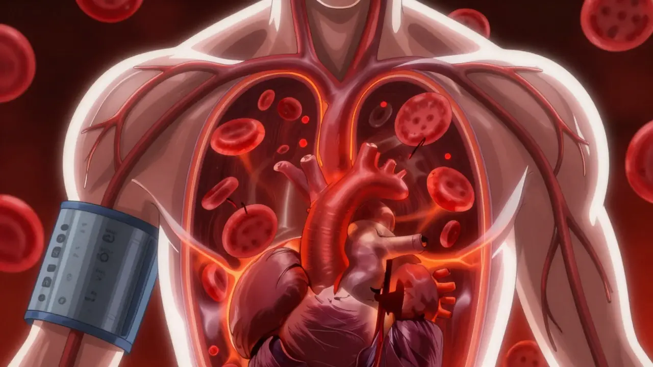 Anime visualization of blood vessels constricting during a hypertensive crisis.