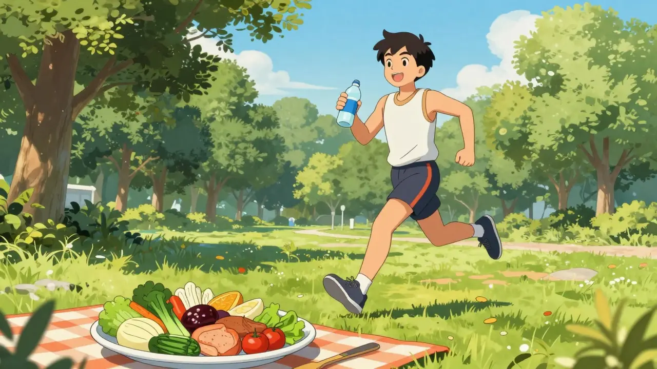 Cheerful anime character exercising and eating healthy to manage diabetes risk.