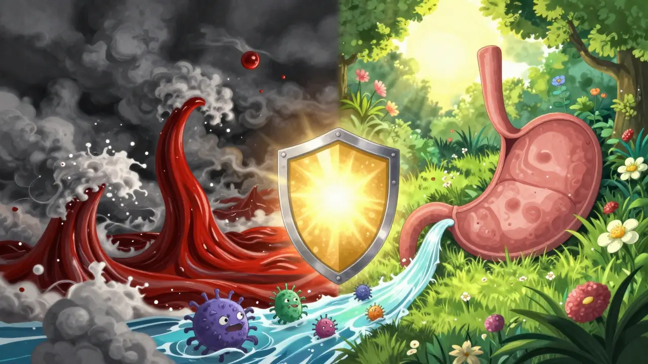 Conceptual anime art showing stomach healing with medication protecting against acid.