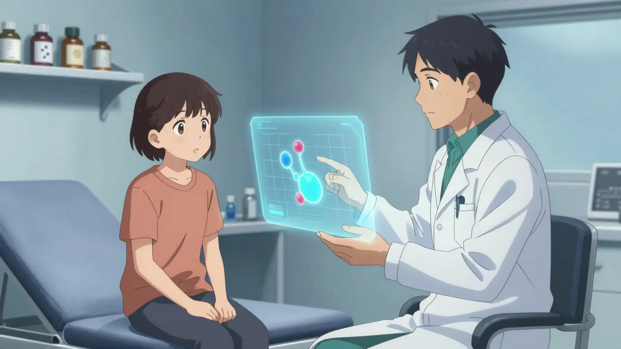 Doctor explaining ulcer treatment to a patient using a holographic medical diagram.