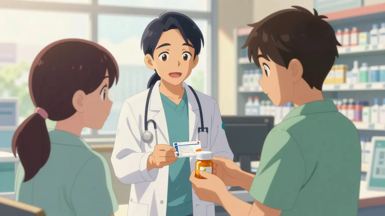 Doctor giving approved generic meds to happy patient