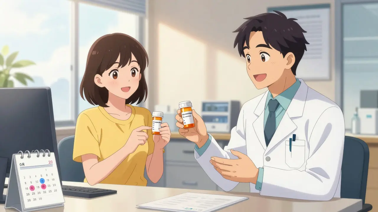 Happy anime woman holding medication in doctor's office