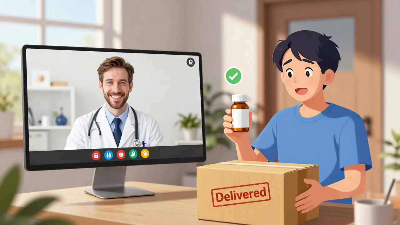 Happy patient receiving safe medication via telehealth and home delivery