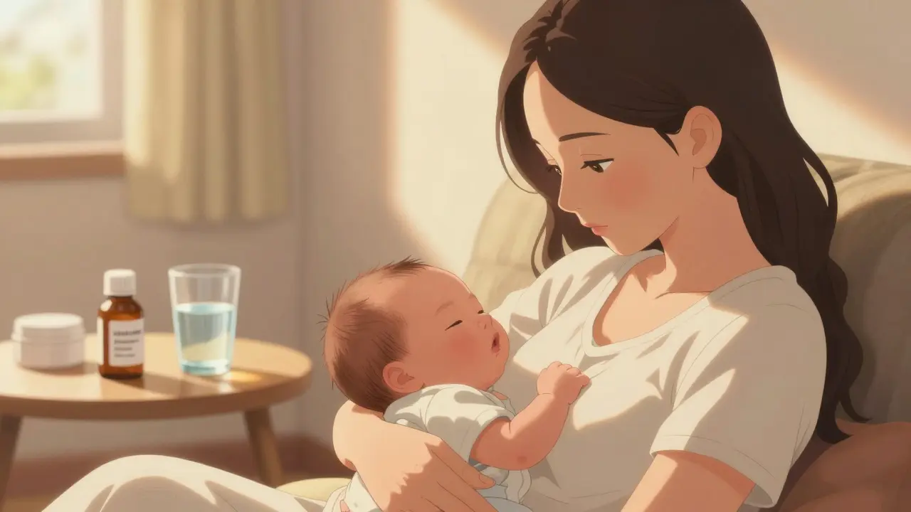 Mother holding baby with medication nearby