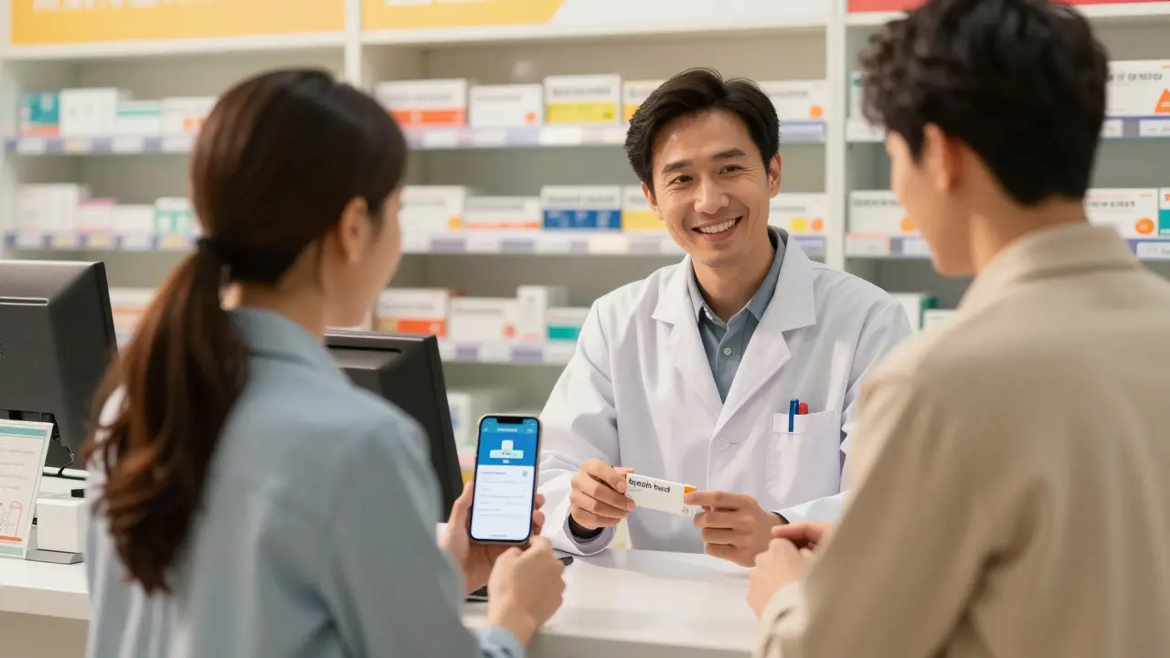 Patient asking pharmacist questions to verify medication safety.