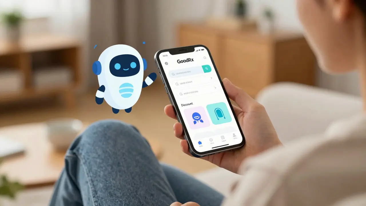 Person using smartphone app to find prescription discounts in a cozy room