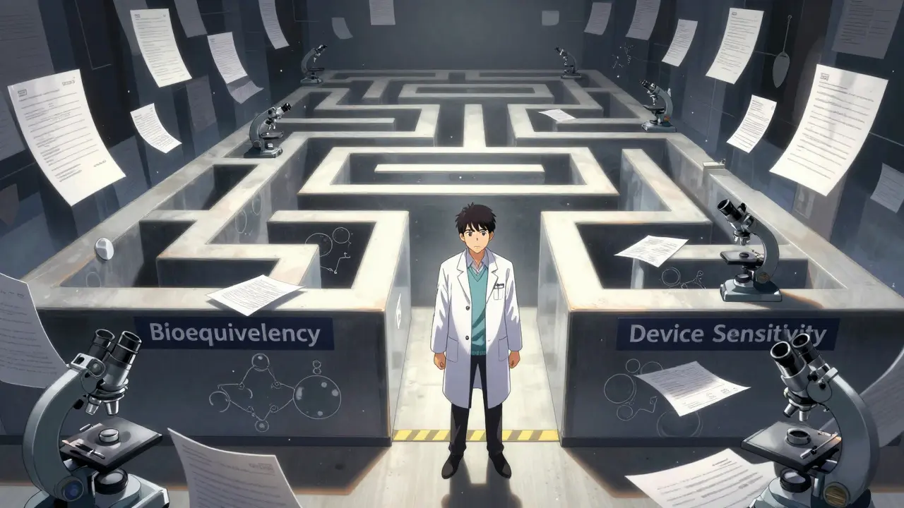 Anime artist depicts a scientist facing a massive regulatory maze for complex generic drugs.