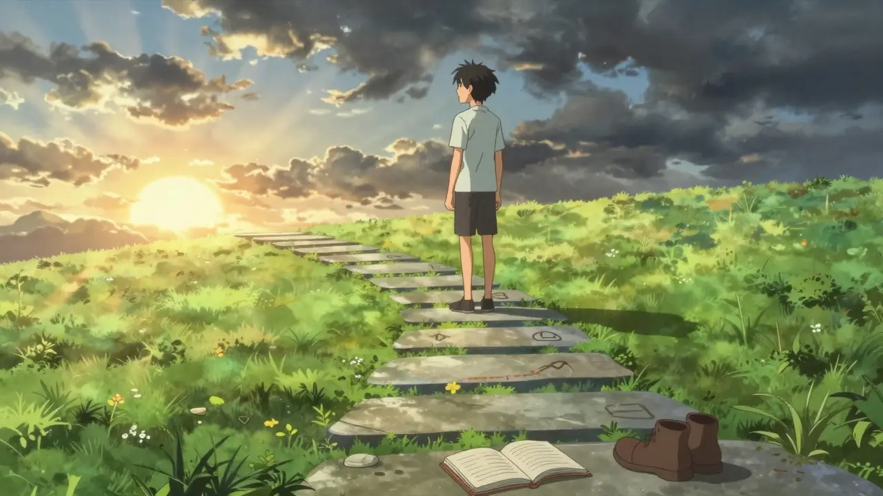 Anime character walking on a path toward sunrise, symbolizing safe medication tapering and recovery.