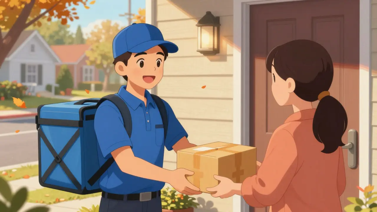 Anime courier delivering a medication package to a happy customer