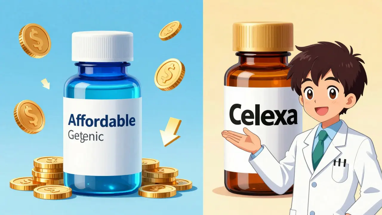 Anime illustration comparing affordable generic medication vs brand name costs.