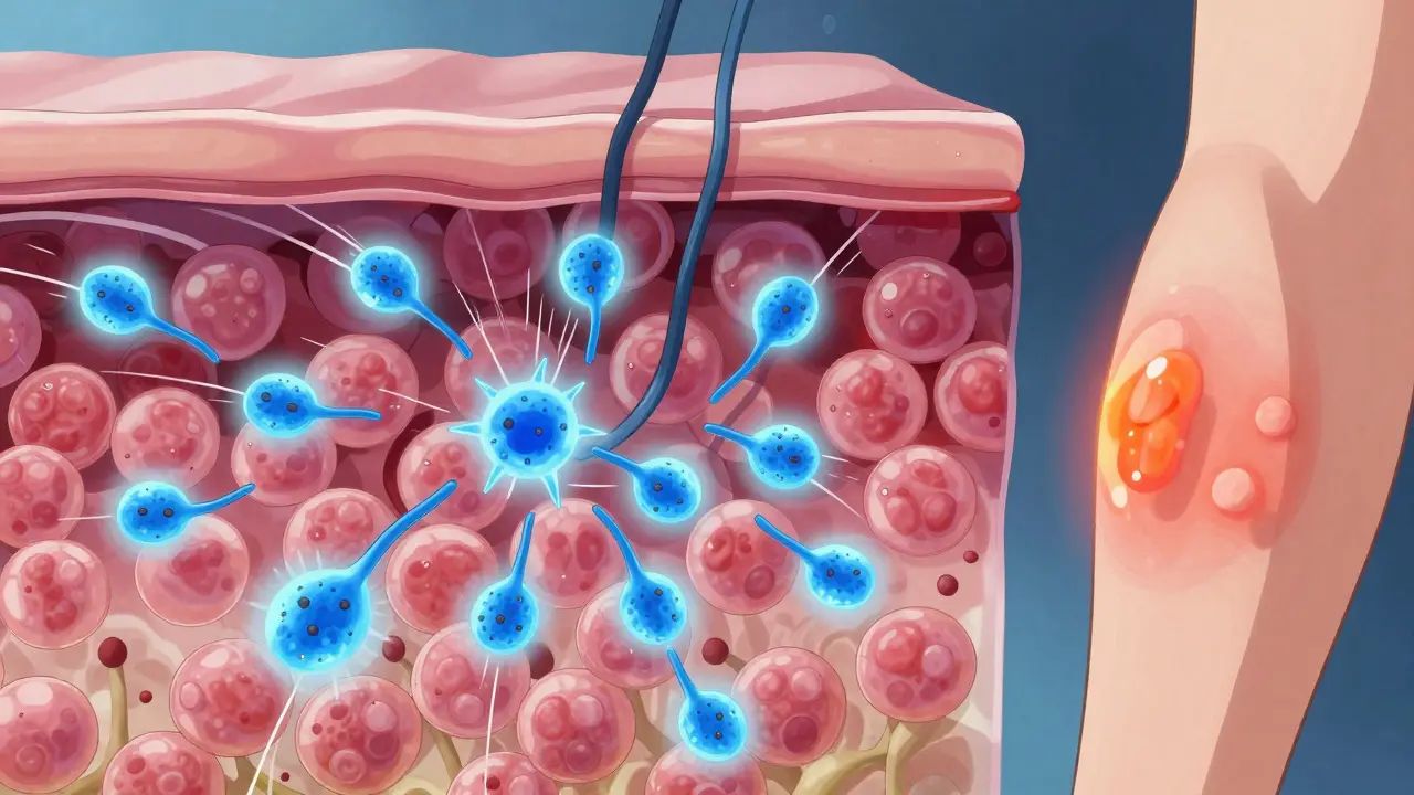 Anime illustration of immune cells attacking skin cells causing rapid growth