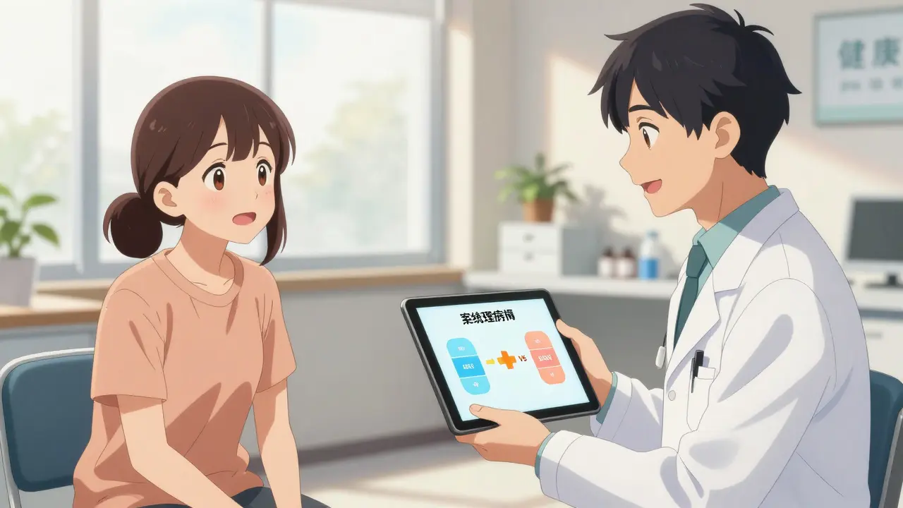 Anime patient discussing treatment options with a dermatologist in a clinic