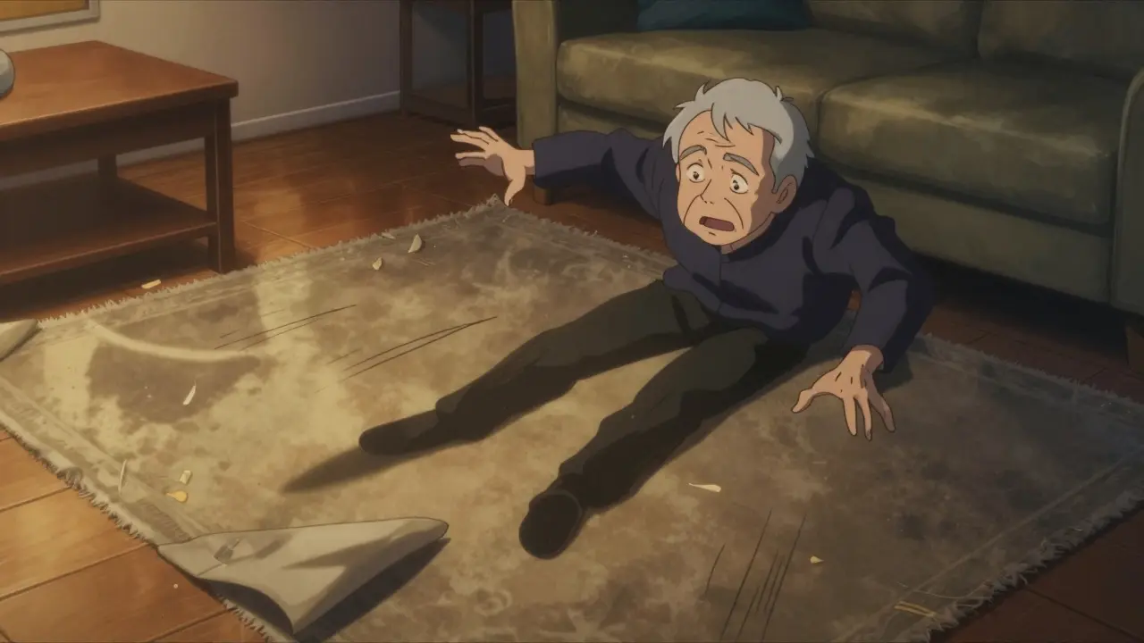 Anime style elderly person stumbling indoors, highlighting fall risks and loss of balance.