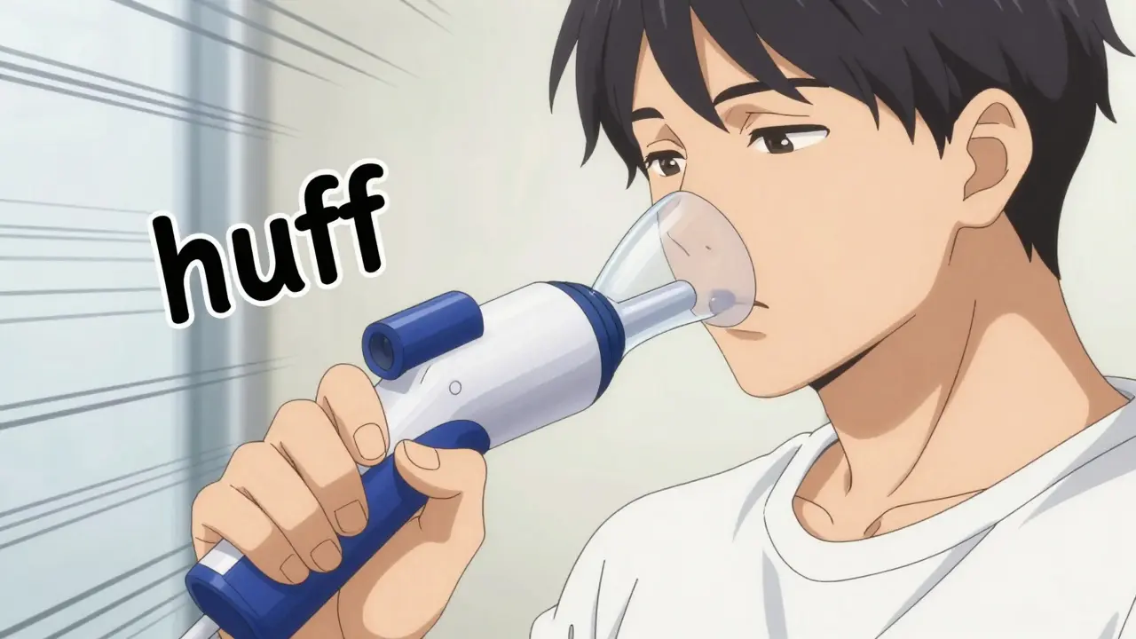 Anime style illustration of patient using a PEP device for airway clearance therapy.
