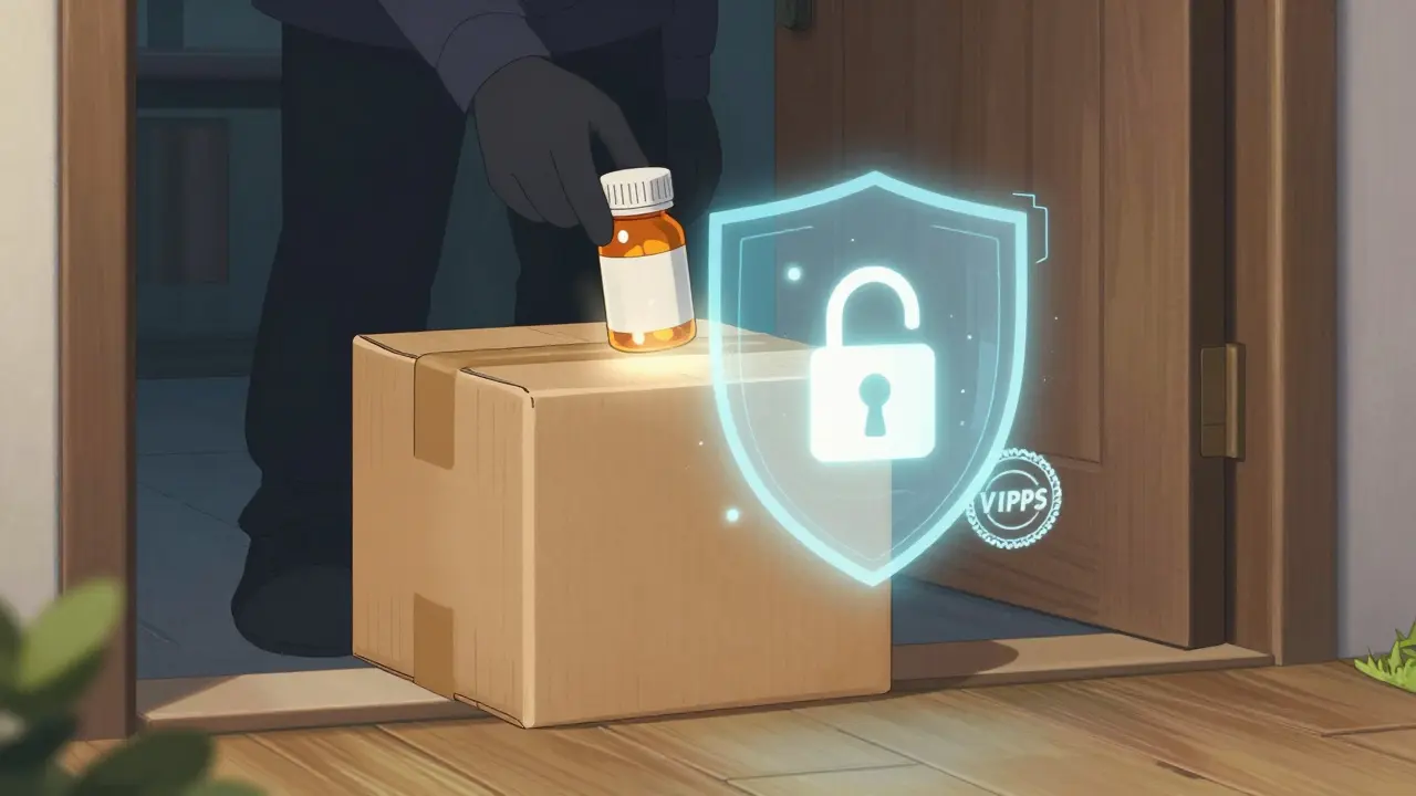 Anime style image showing secure medication delivery and safety verification.