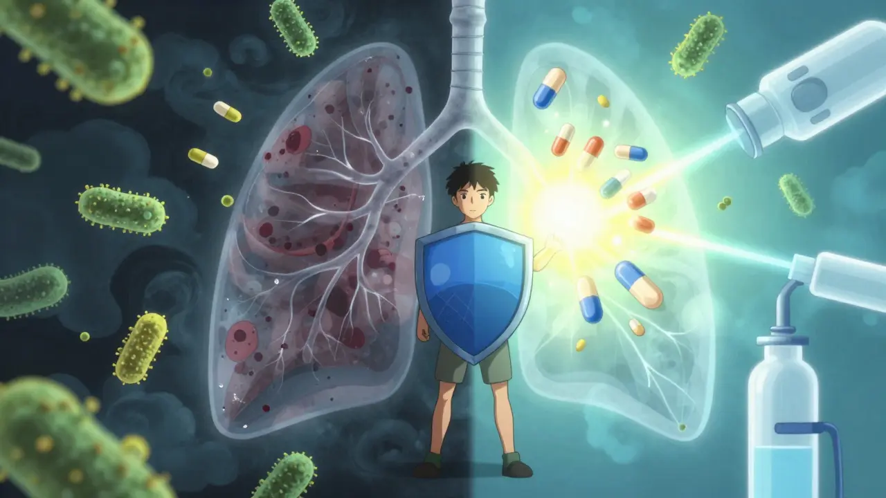 Conceptual anime art showing antibiotics and saline breaking the cycle of lung infection.