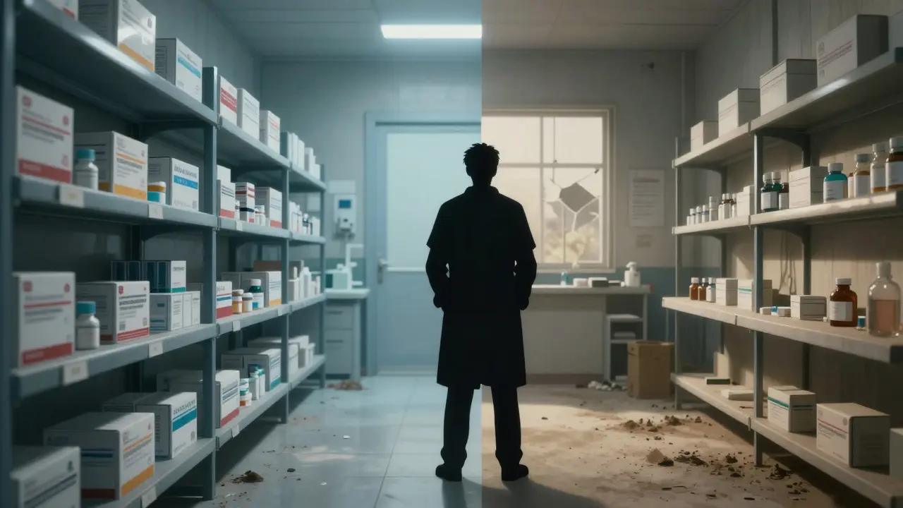 Contrast between full pharmacy shelves and empty rural clinic shelves