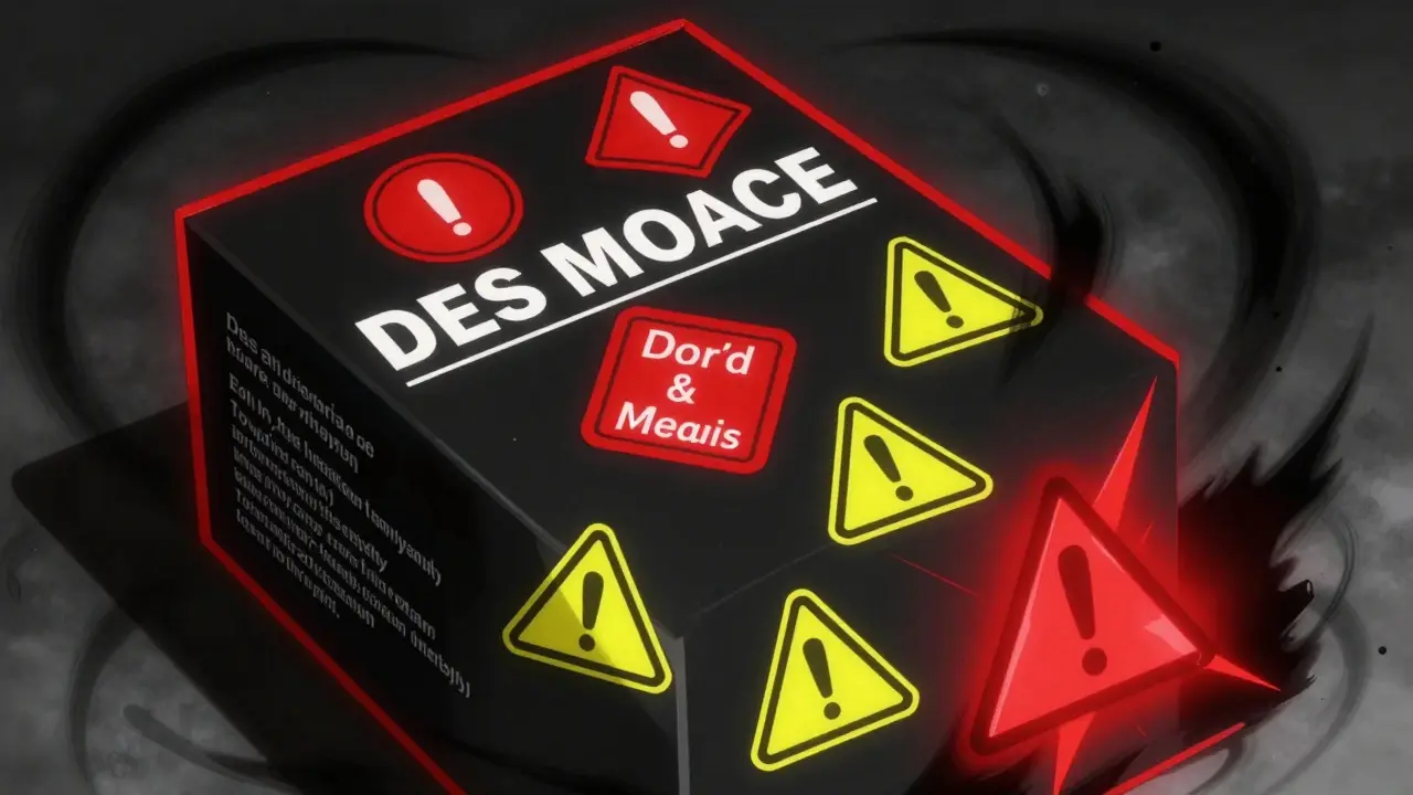 Dramatic illustration of black box warning and colored label stickers