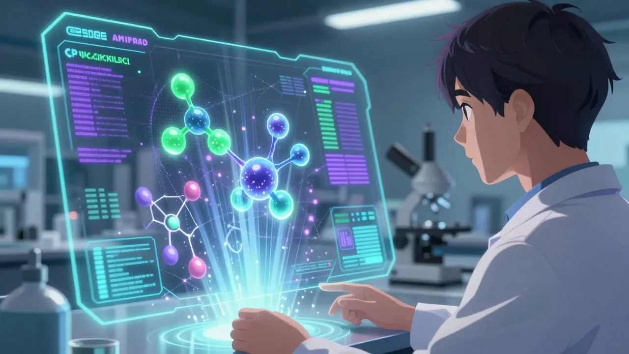 Futuristic anime scene showing AI technology accelerating complex drug development processes.