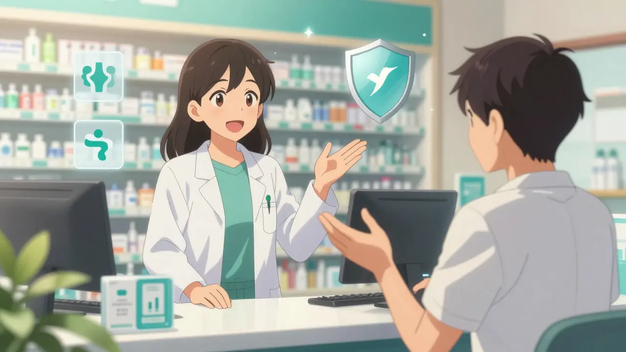 Patient discussing instructions with pharmacist at sunny counter