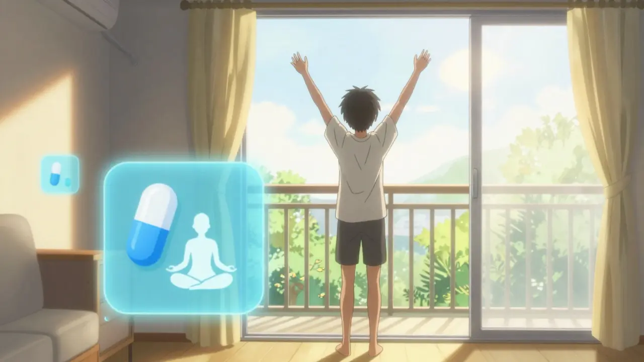Peaceful character waking up refreshed with natural light and calm vibes.