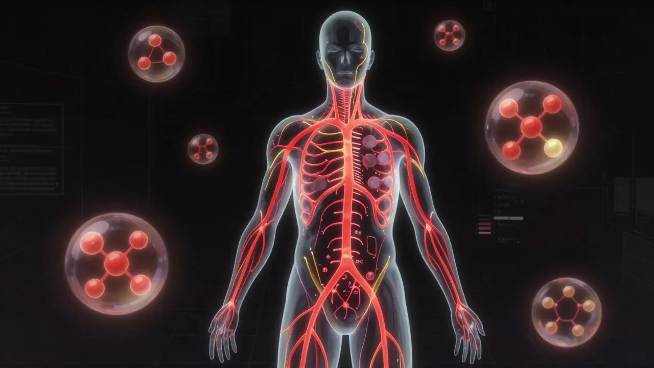 Abstract anime art showing blood vessels and data orbs representing drug precision.