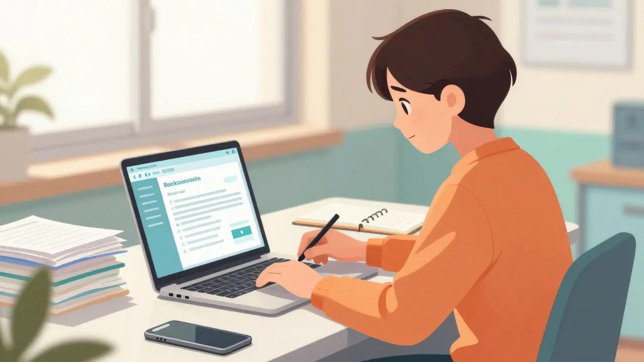 Anime character confidently filling out an online form on a laptop at a sunny desk