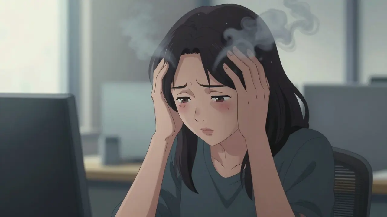 Anime character experiencing brain fog and fatigue in an office
