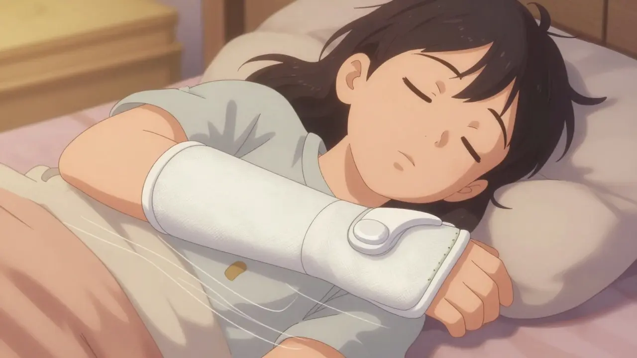 Anime character sleeping comfortably wearing a supportive wrist splint