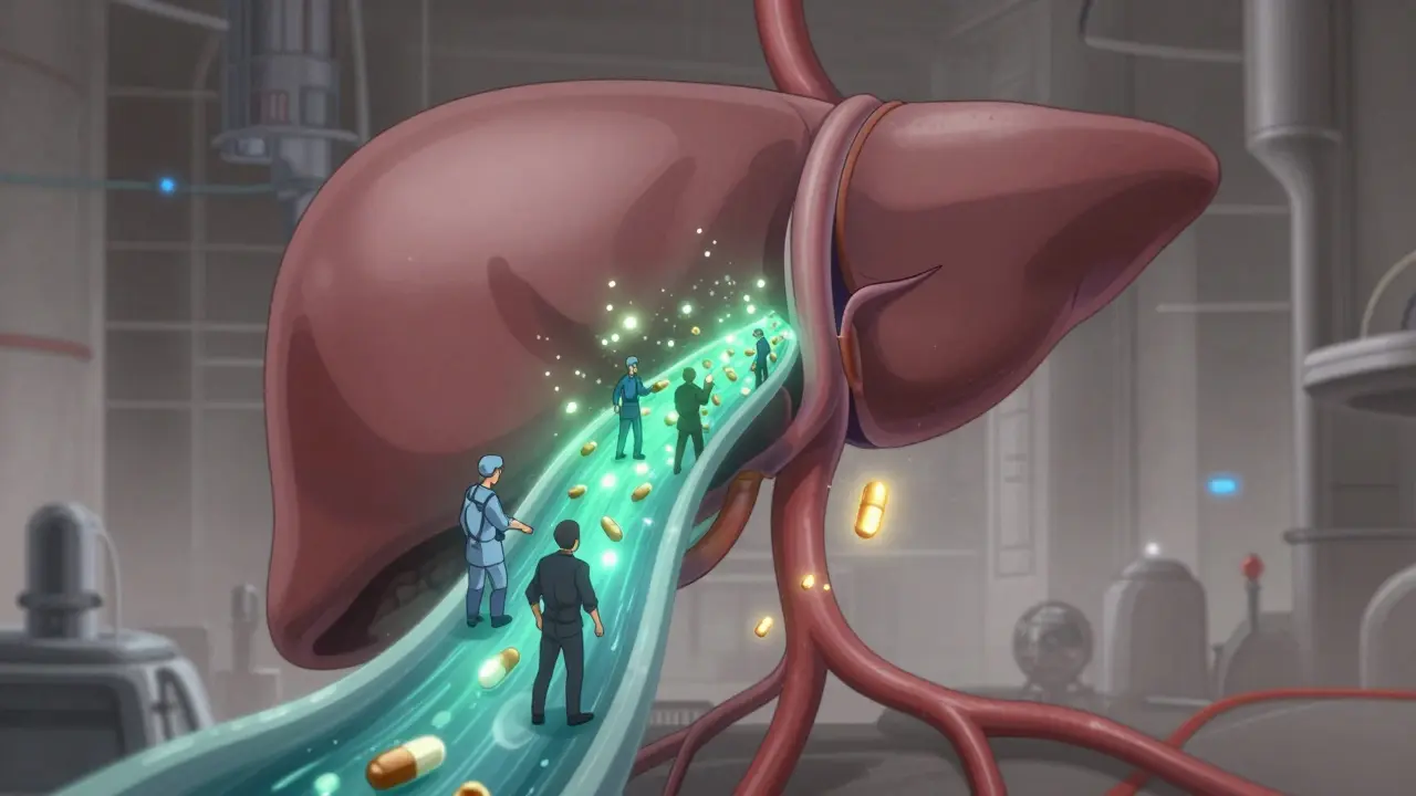 Anime concept art showing liver filtering out most of an oral medication