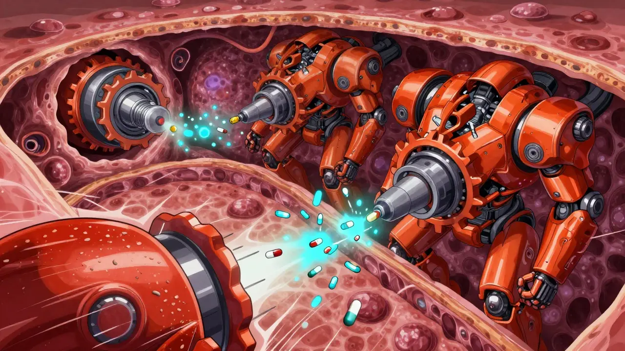 Anime depiction of P-glycoprotein pumps ejecting drug molecules from cells