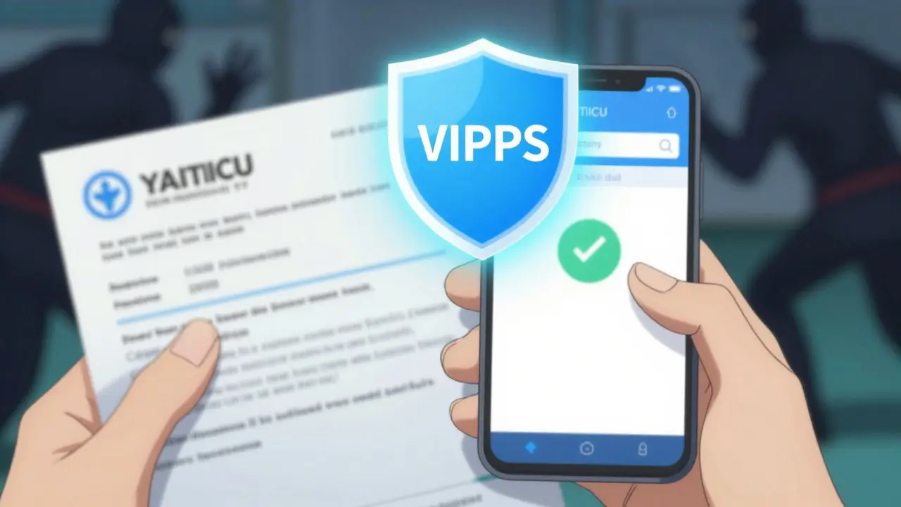 Anime hand holding prescription near phone with glowing safety shield against scammers.