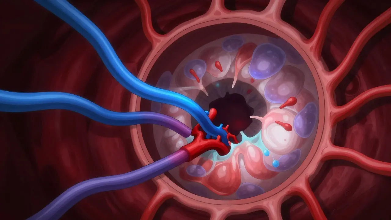 Anime illustration of blocked retinal vein and fluid leakage