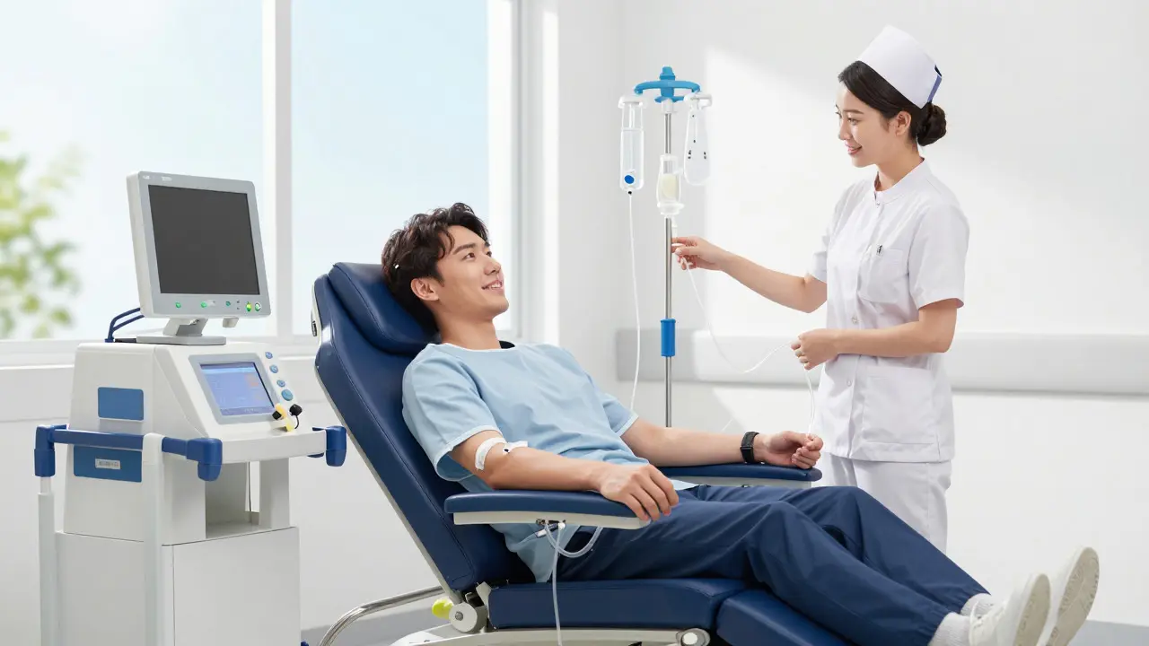 Anime patient receiving hemodialysis treatment in a bright clinic