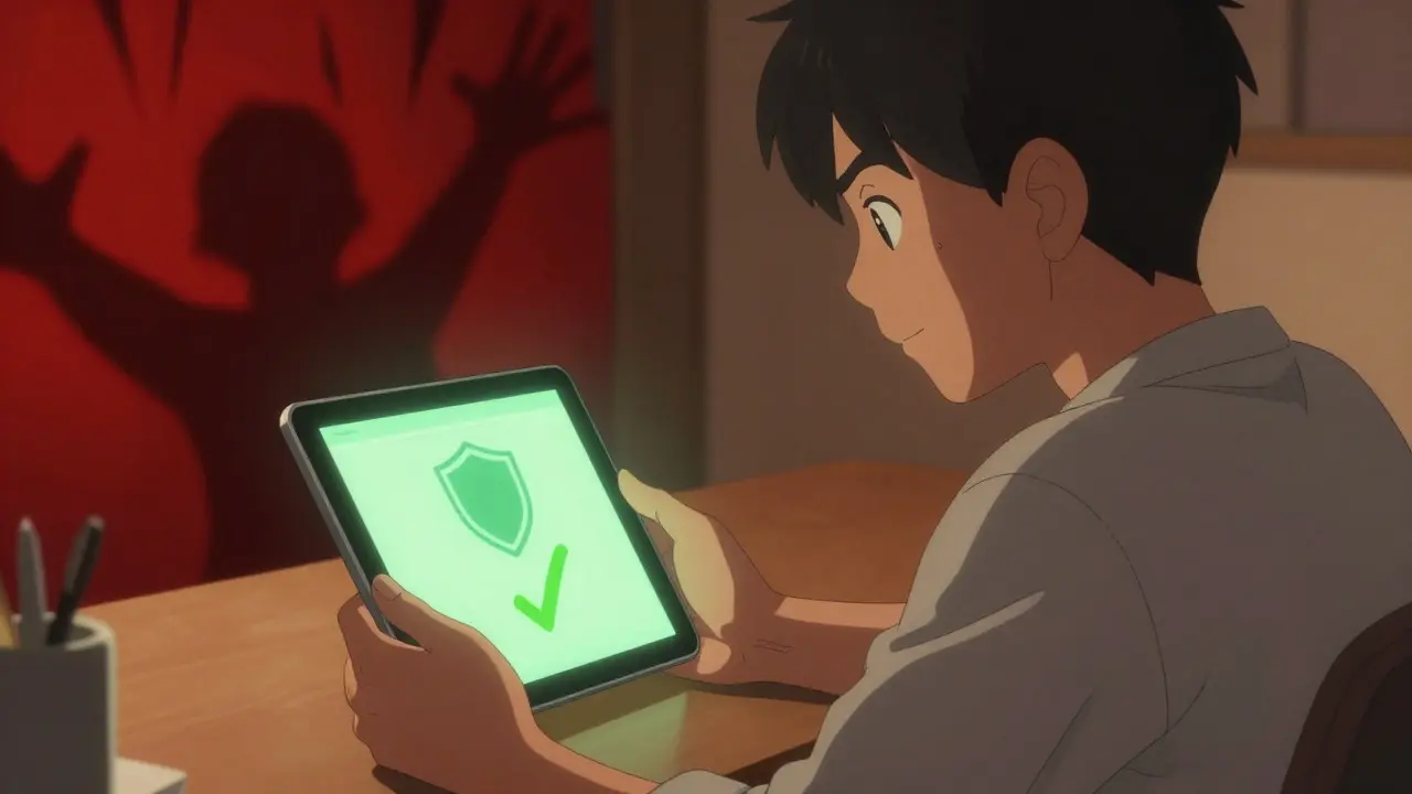 Anime person safely ordering medicine online, avoiding scam websites.