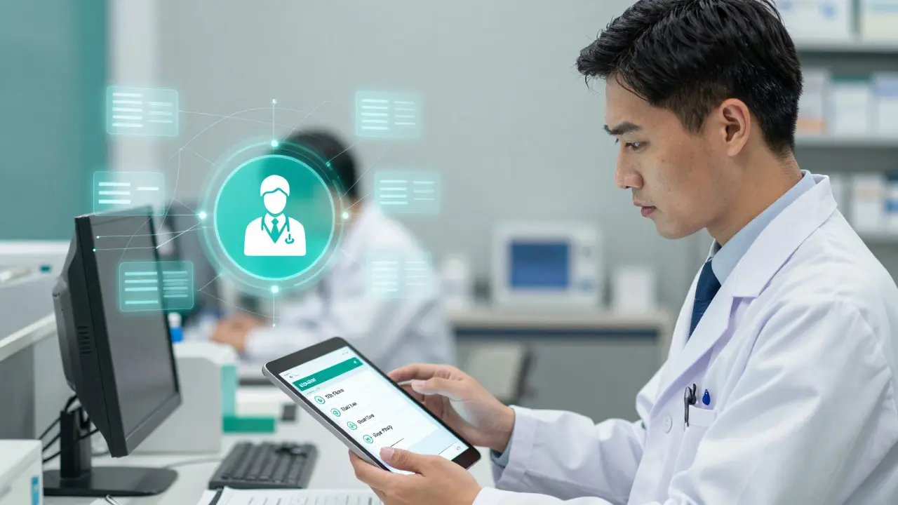 Anime pharmacist checking regulatory compliance and substitution rules on a tablet.