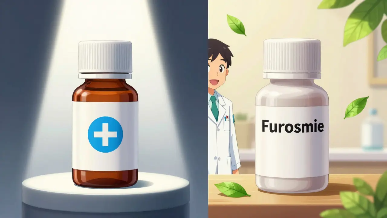 Anime pharmacist comparing expensive brand drug vs affordable generic medication.