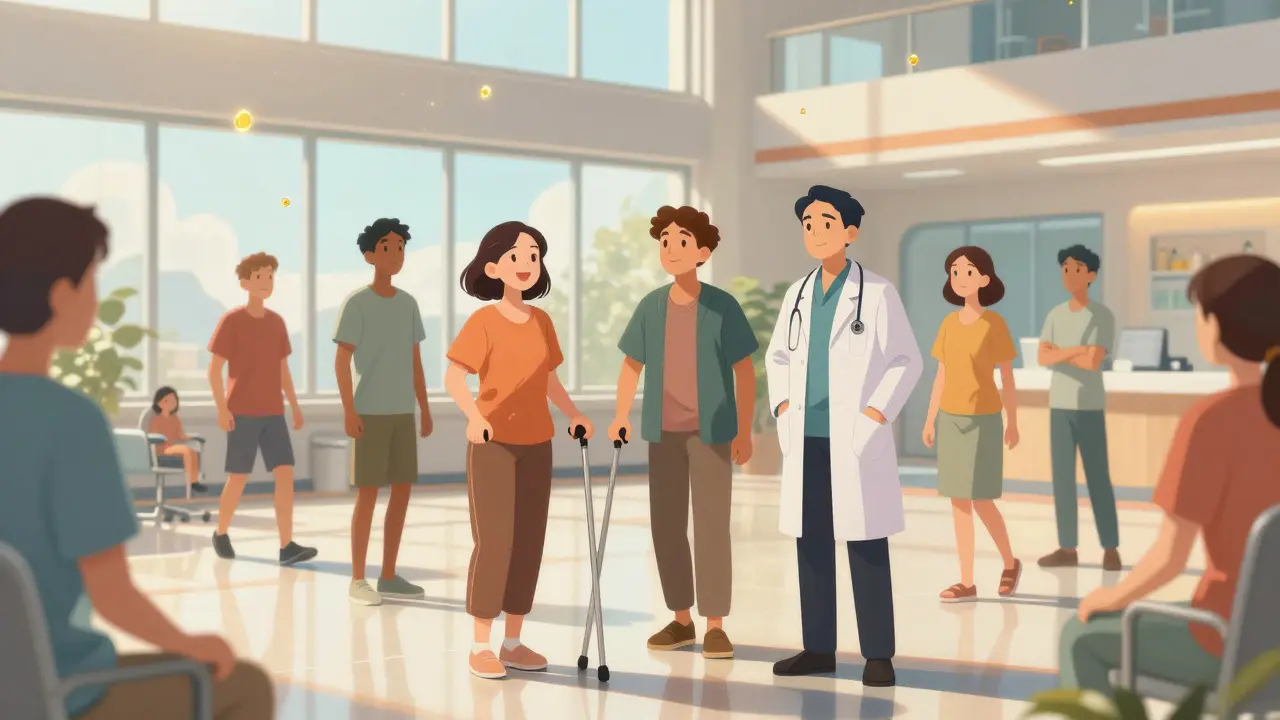 Anime scene of patients and doctor in a bright medical center