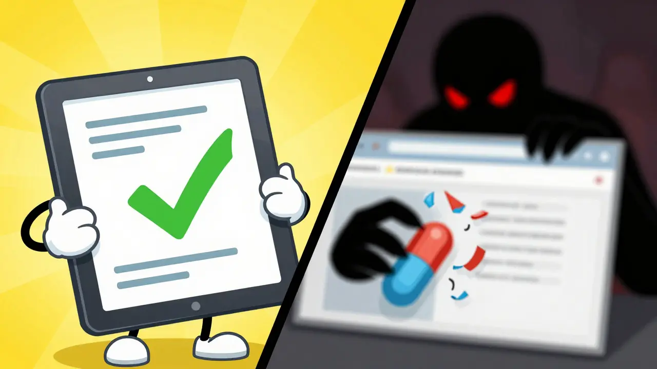 Anime split scene comparing safe pharmacy vs shady scam site