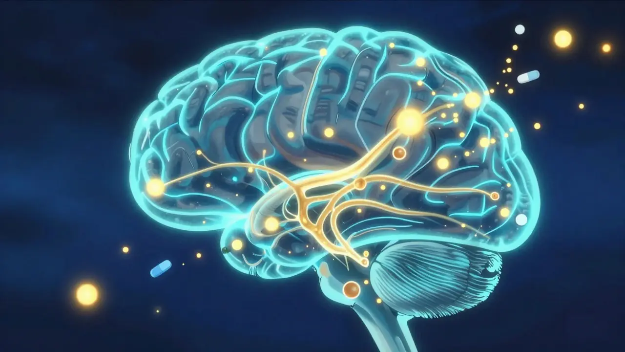 Anime style: Glowing brain neurons and dopamine particles visualization