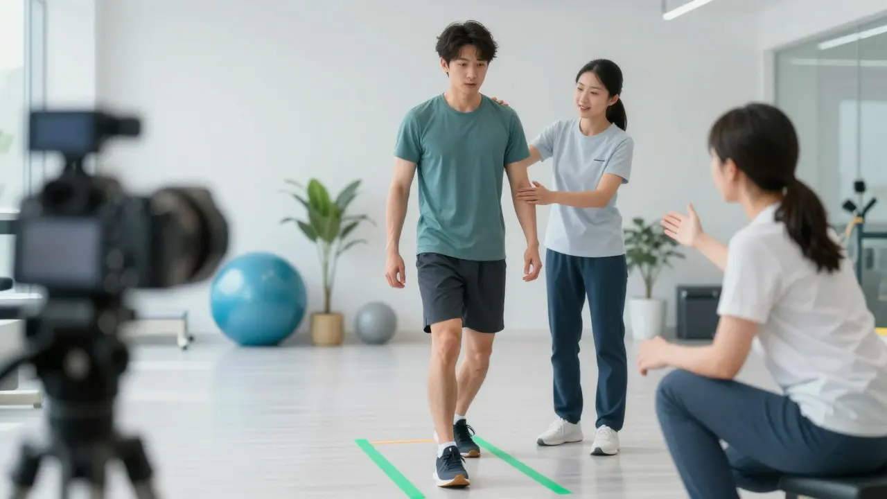 Anime style: Patient doing physical therapy exercises with visual cues