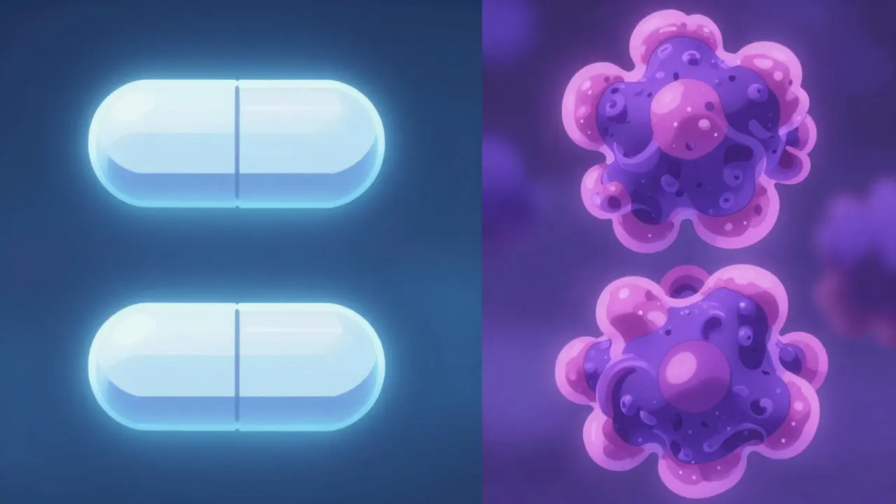 Conceptual anime art comparing simple generic pills to complex biosimilar proteins.
