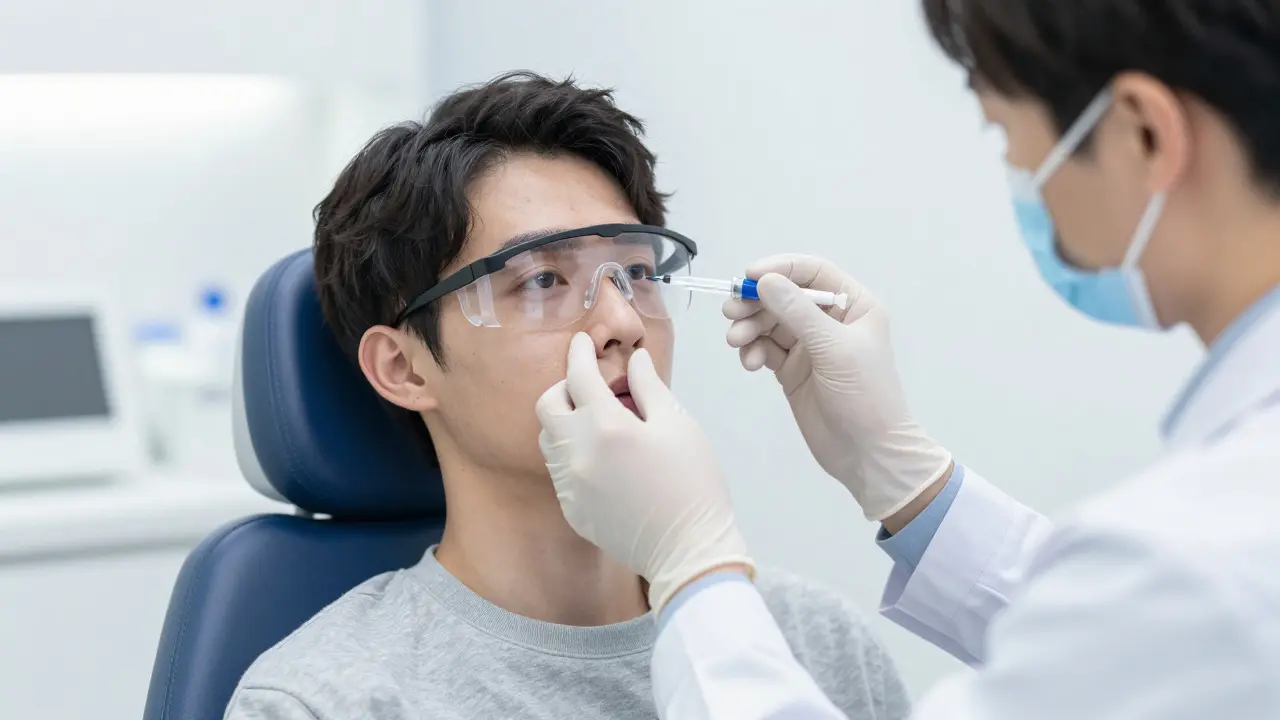 Doctor administering eye injection in a modern clinic