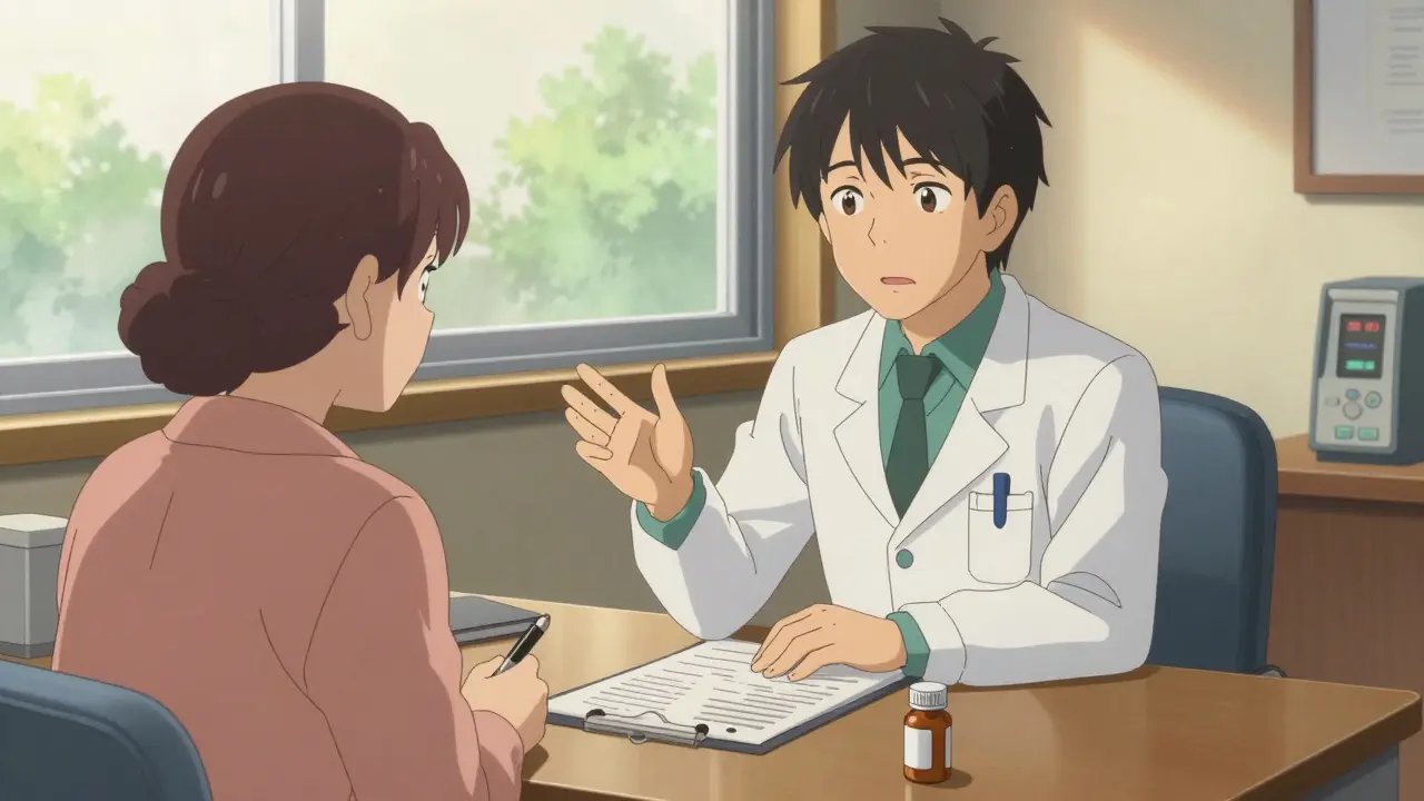 Doctor reassuring a patient during a consultation about medication choices.