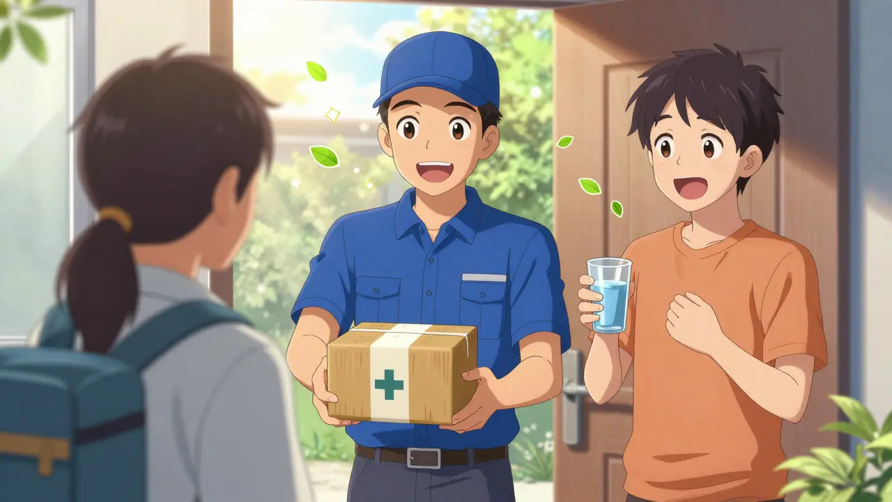 Happy anime customer receiving safe medication package from courier in sunny setting.