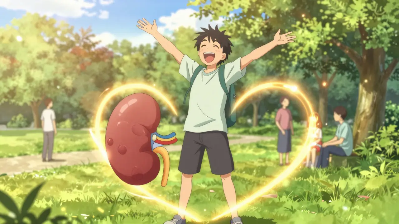 Joyful anime transplant recipient celebrating life in a sunny park