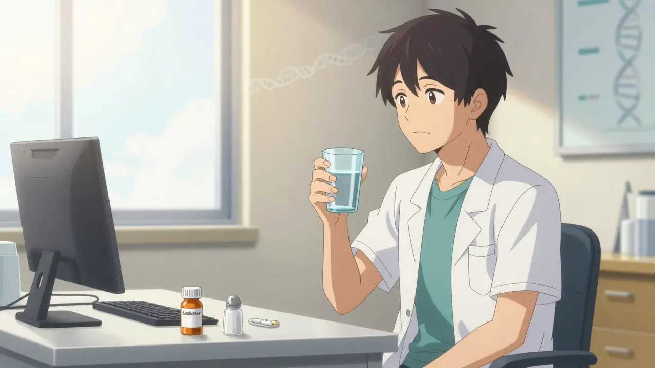 Patient in doctor's office with medication and salt