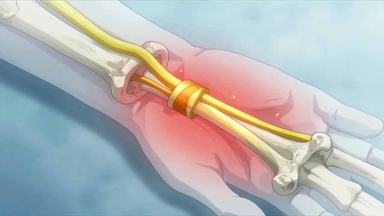 Stylized anime cross-section of wrist showing compressed median nerve