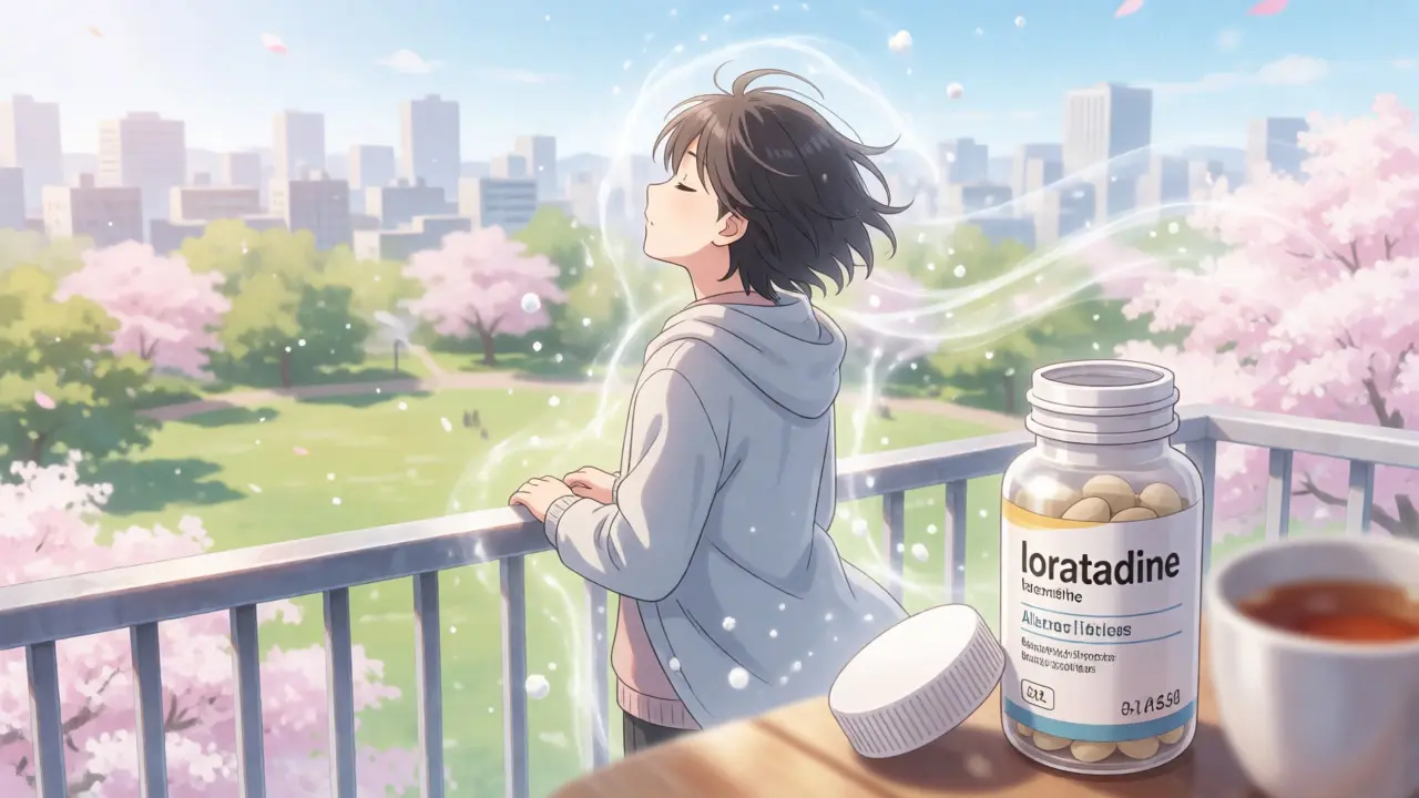 Anime character enjoying fresh air on a balcony with allergy medication bottle in foreground.